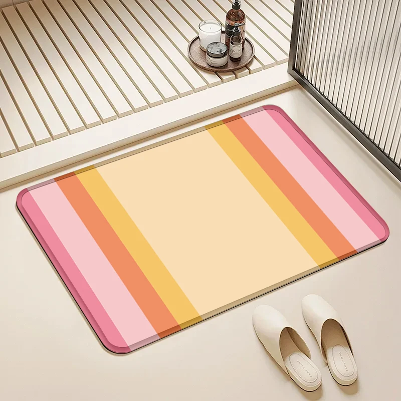 

Pink Orange Yellow Striped Flannel Doormat Non-Slip Absorbent Soft Floor Mat for Entryway Bathroom Kitchen Home Decor