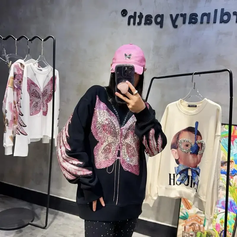 High Qaulity Pink Wings Hot Drilling Women Hoodies Butterfly Diamonds O-neck Pullover Top Streetwear Mid-long Loose Sweatshirt