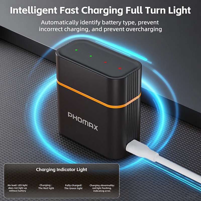 PHOMAX Hochwertige 4 Stück AA wiederaufladbare zylindrische Lithium-Ionen-Batterien mit intelligenter LED-Anzeige, professionelles Batterieladegerät