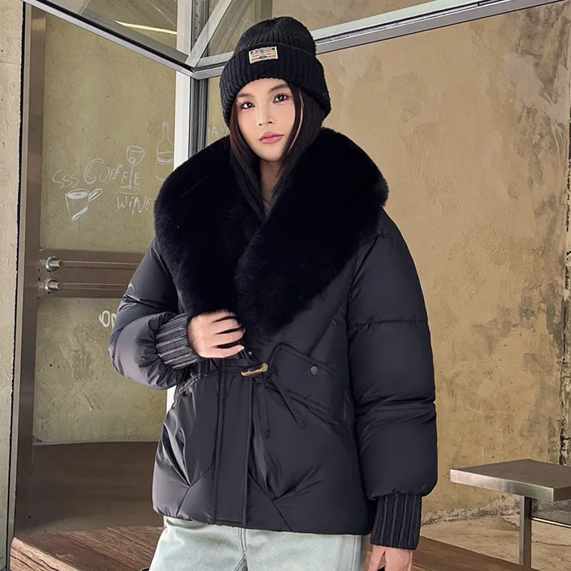 Hooded Women Parkas Coats Short Jacket Oversize Solid Big Fur V Collar Zipper Loose Fit Thick Office Lady Casual 2025 Winter
