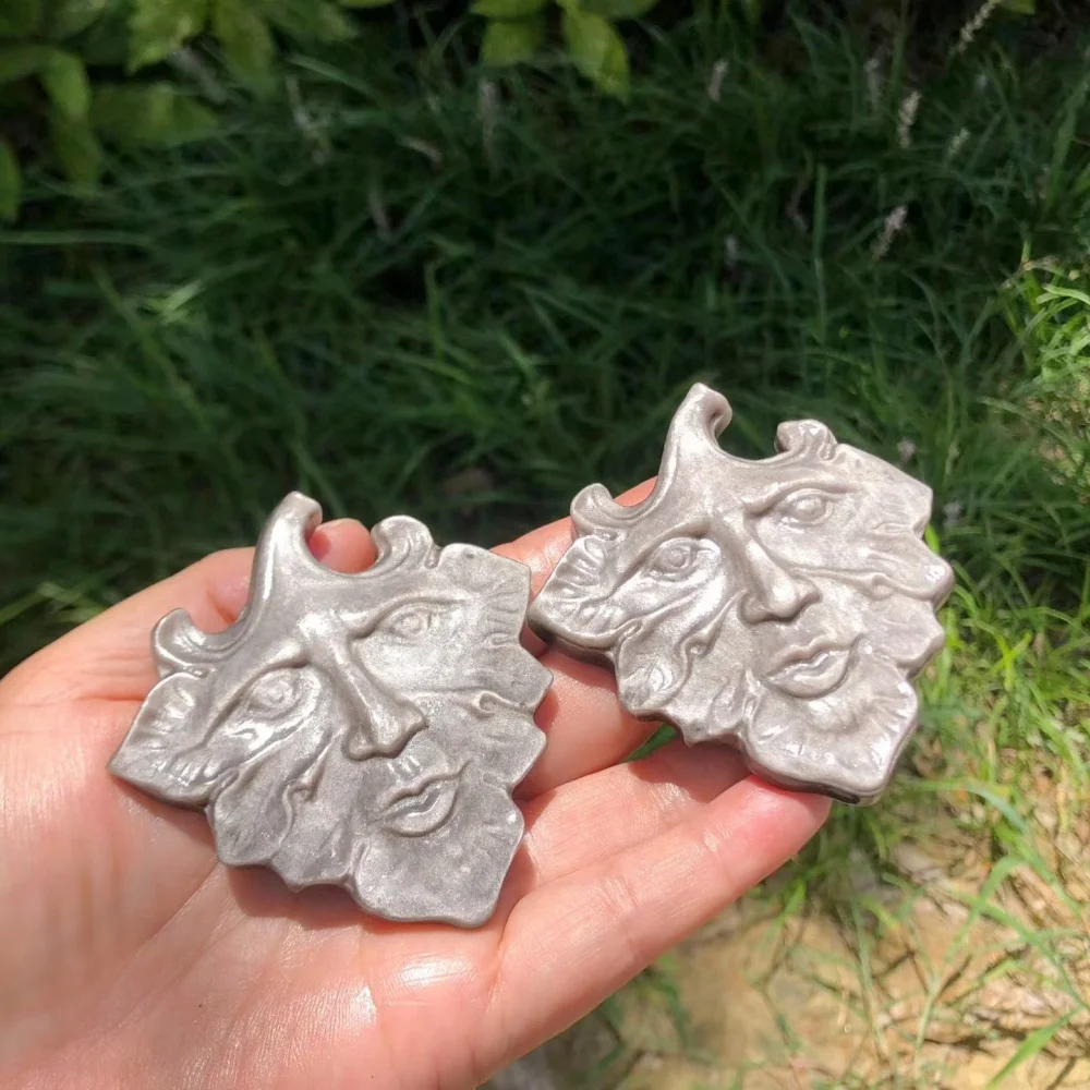 2PCS Natural Silver Sheen Obsidian Hand Carved Green Man Crystal Statue Energy Healing Stone Desktop Decoration Amulet Gift