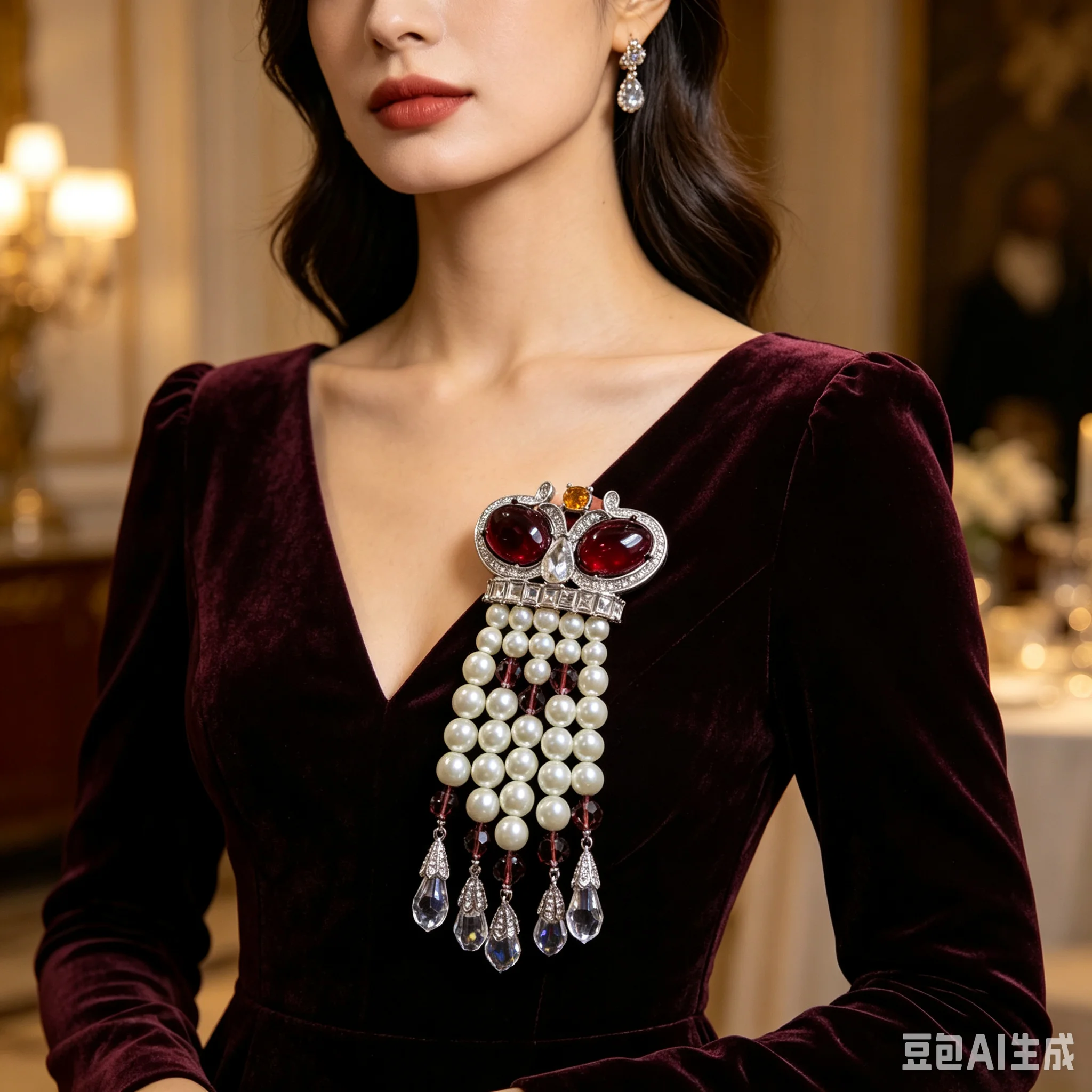 Vintage Owl Brooch Burgundy Cat Eye Multi Strand Pearl Tassel AB Crystal Drop Luxury Women Wedding Party Statement Pin