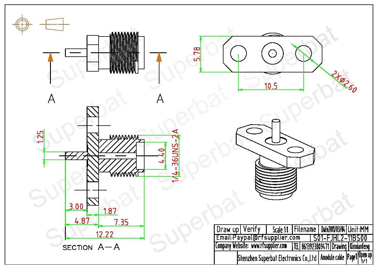 Superbat-Painel Fêmea Mount Flange com terminal de solda Post, RF Coaxial Connector, SMA 2 Buraco