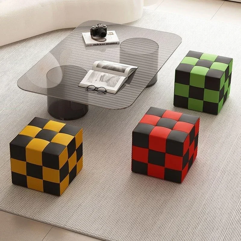 Square Rubik's Cube Home Living Room Shoes And Benches Soft Bag Red Black White Green Grid Sofa Stool Makeup Stool Hot