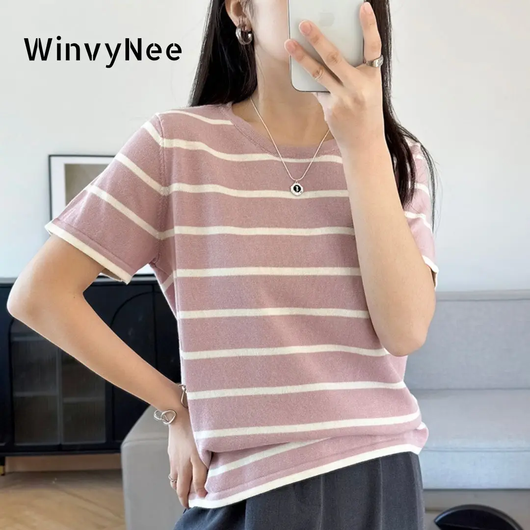 

WinvyNee, летняя женская однотонная футболка с короткими рукавами и круглым вырезом, повседневный хлопковый топ в полоску, женская одежда, повседневная вязаная футболка Y2k A 1002021
