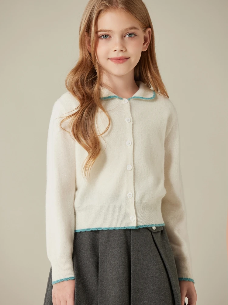 Autumn Winter Children 100% Cashmere Cardigan Sweater Girls Lapel Collar Clashing Color Basic Long Sleeve Knit Jacket Cute
