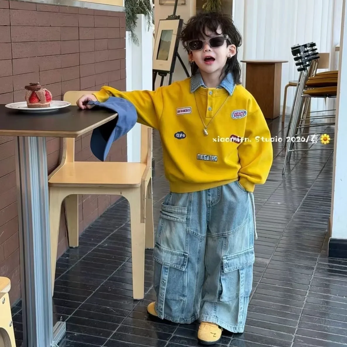 

Children Winter Autumn Boys Clothes Set Yellow Fake two-piece Jacket Coat Top+Loose Jean Pants Kids Handsome Streetwear Outfit