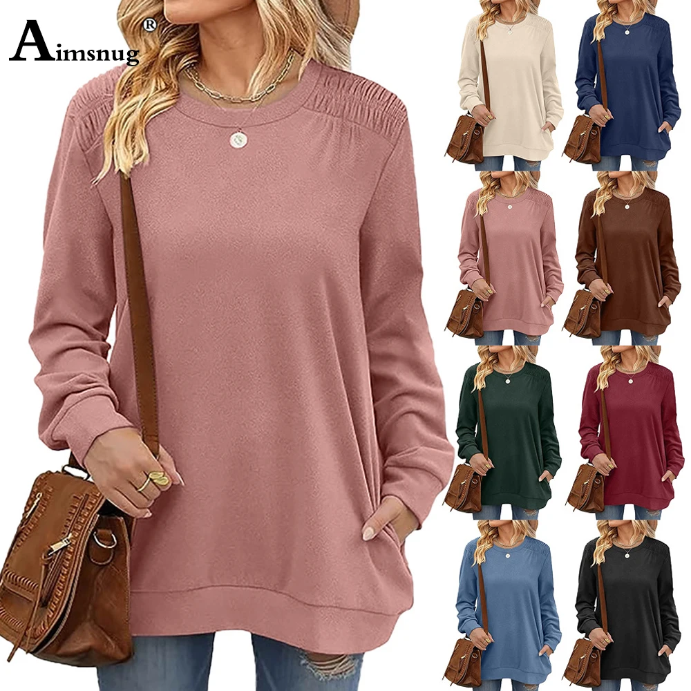 Aimsnug Female Casual Retro Stand Pocket Sweatshirt Women Loose Style Basic Pullovers 2023 Autumn New Simple Tops Streetwear