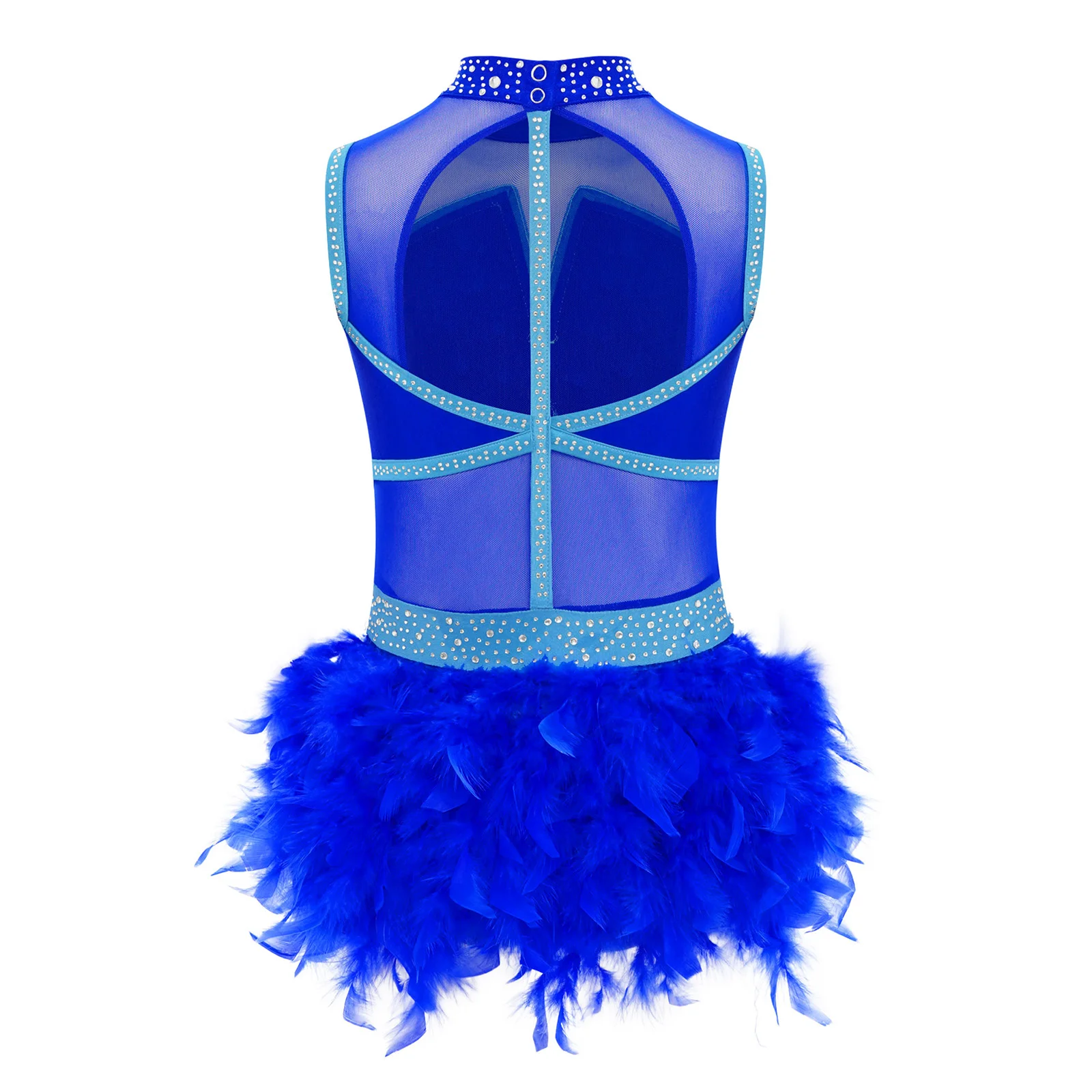 Kids Girls Ballet Leotard Cutout Back Rhinestones Unitard with Feather Skirt for Figure Skating Jazz Latin Dance Performance