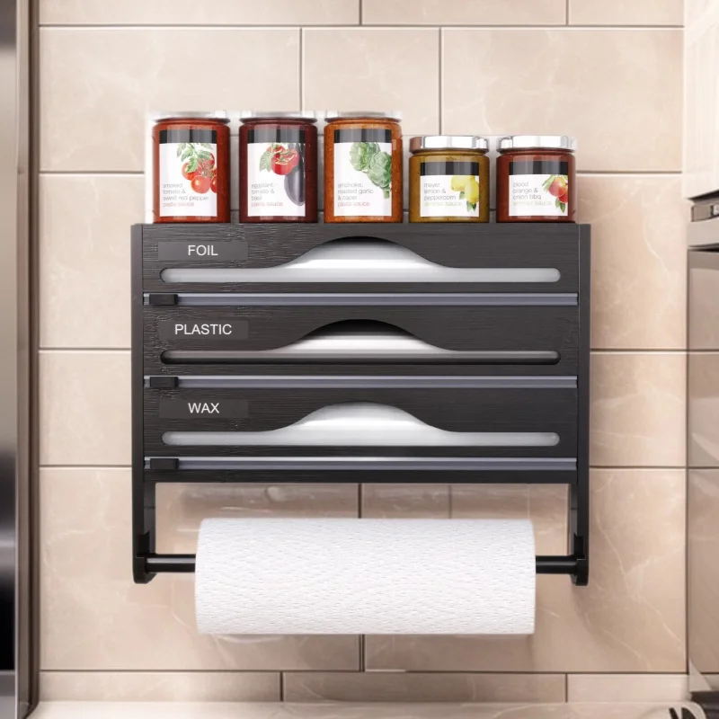 wall-mounted-bamboo-all-in-one-plastic-wrap-and-foil-dispenser-with-cutter-multi-compartment-storage-box