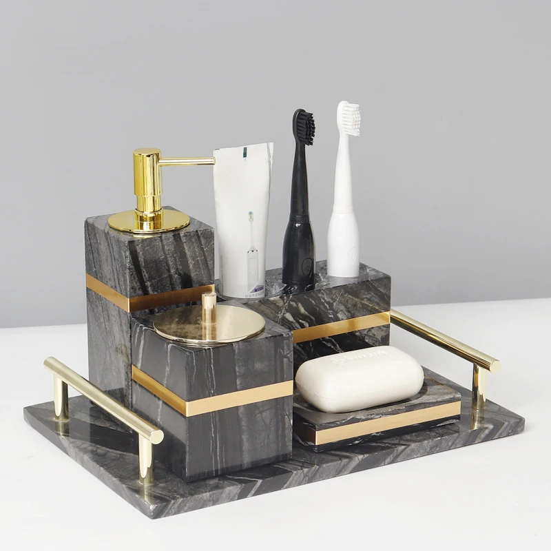 Tree Black Natural Marble Bathroom Accessories Set Luxury Gold Soap Dispenser Toothbrush Holder Soap Dish Bathroom Set