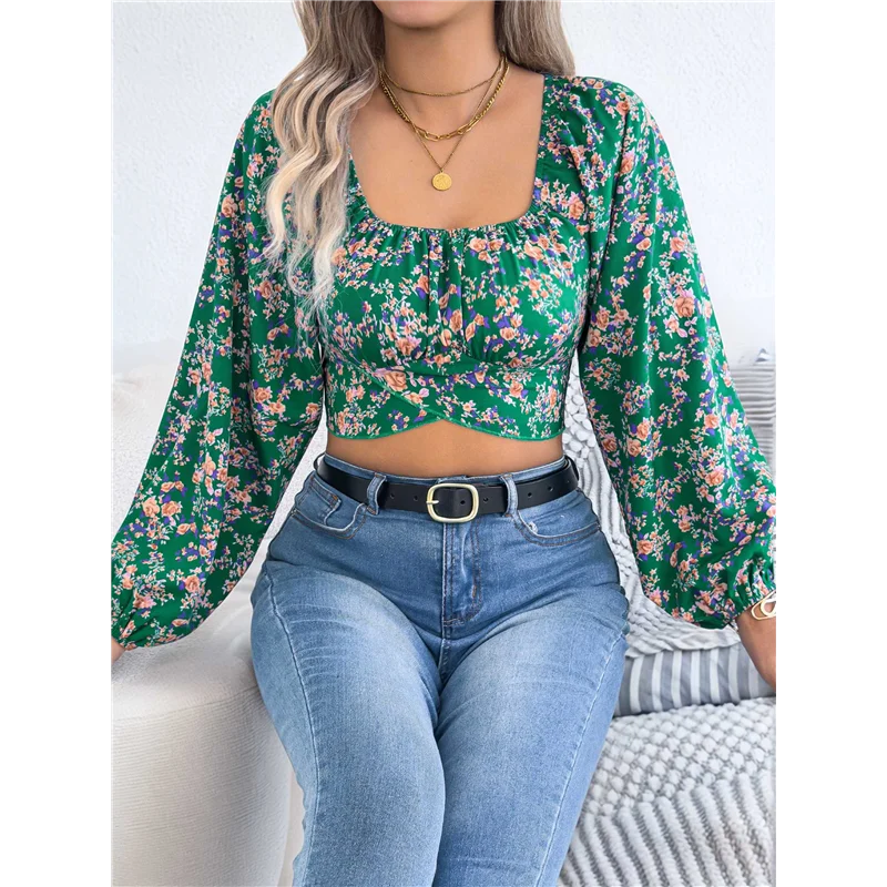 

AG-Women's Floral Cropped Top Square Neck Tie Backless Shirt Top