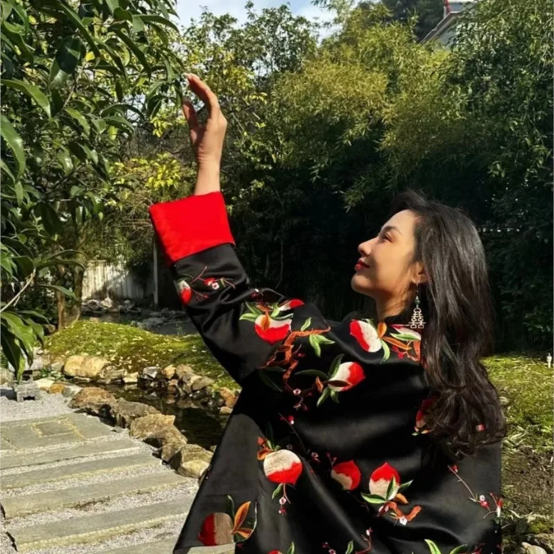 New product Traditional Chinese style pure silk satin heavy embroidery fabric high-end custom-made top and outerwear