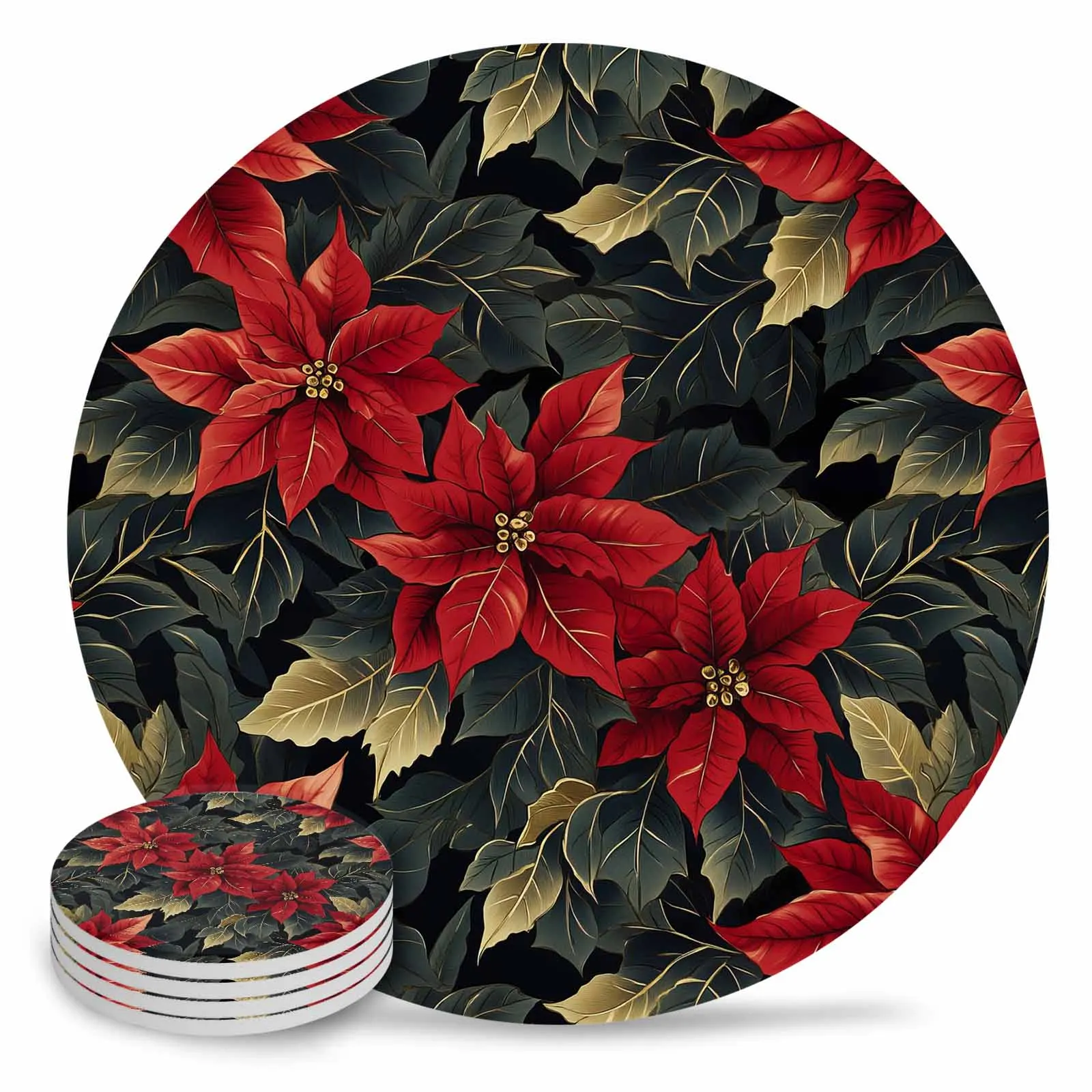 Flowers Christmas Flowers Poinsettia Ceramic Coaster Set Kitchen Table Round Placemat Luxury Decor Coffee Tea Cup Coasters