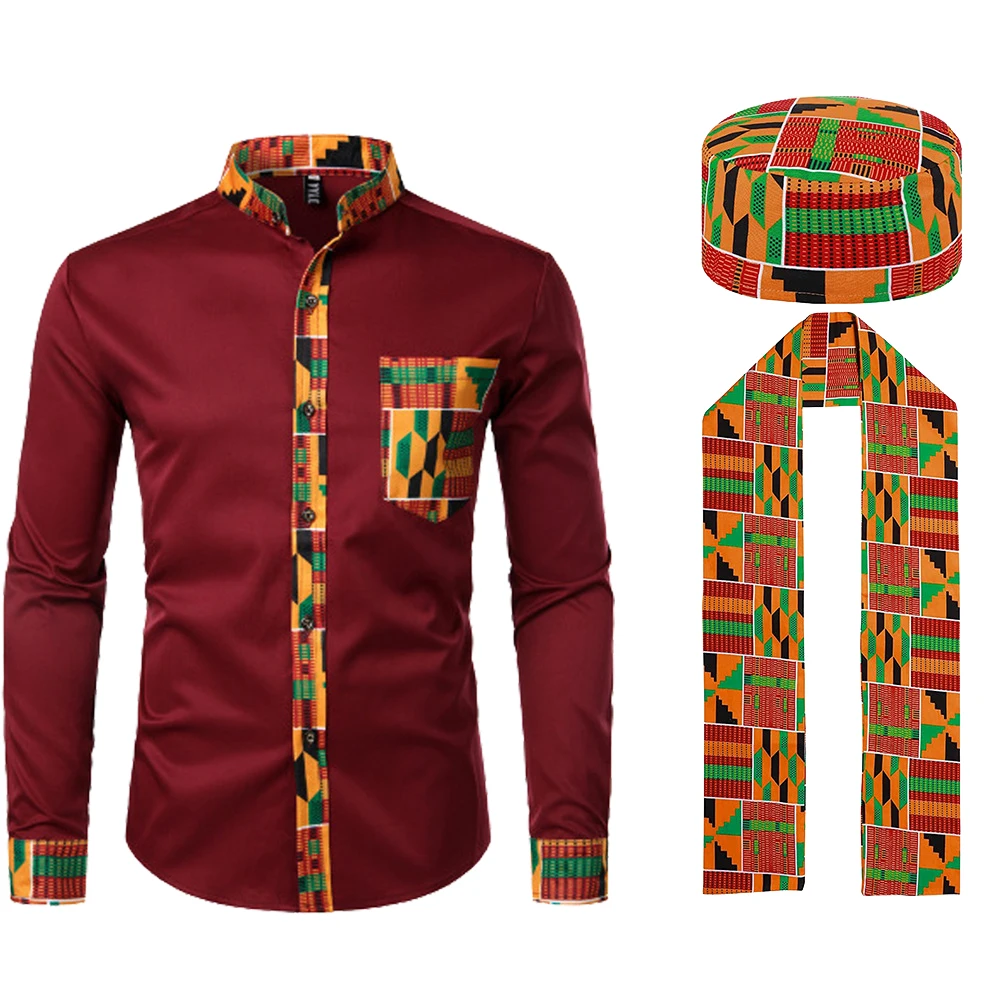 3 Pcs African Kente Pattern Costume Set with Button Shirt Kufi Hat Scarf Stole Sash Outfit for Black History Month