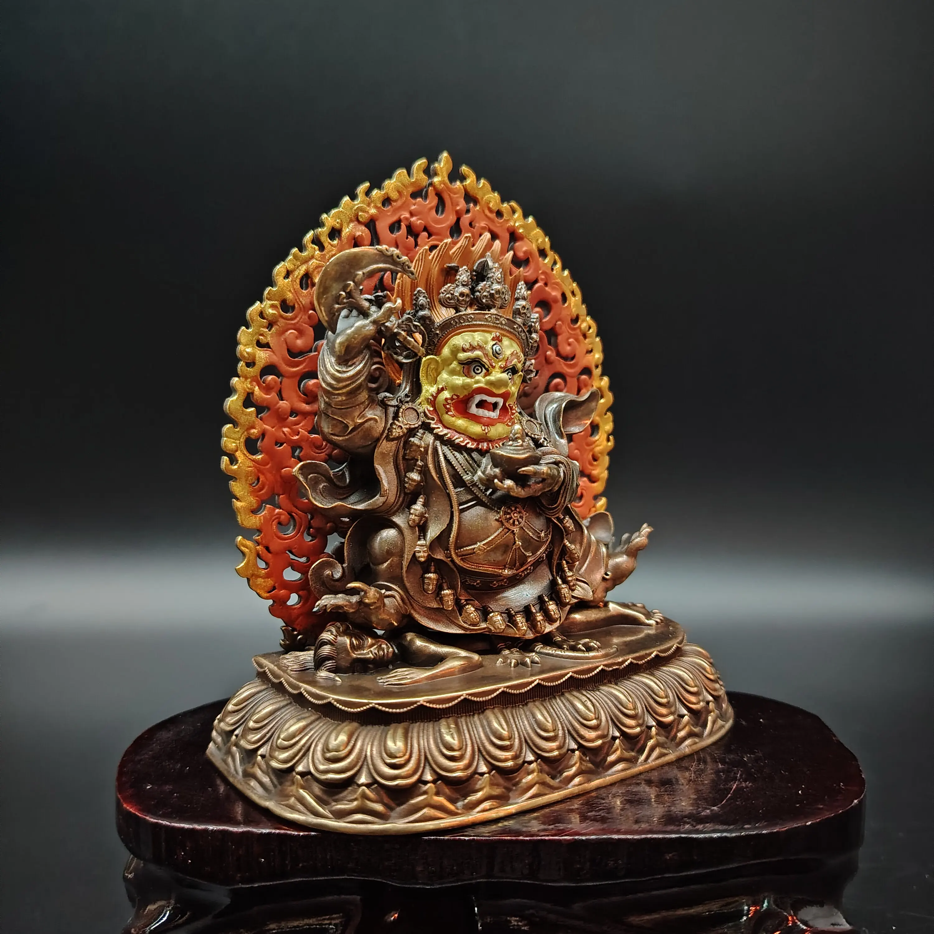 New Tibetan Pure Copper Two-Arm Black Cloak Mahakala Painted Face Handmade Statue 12cm Altar Blessing
