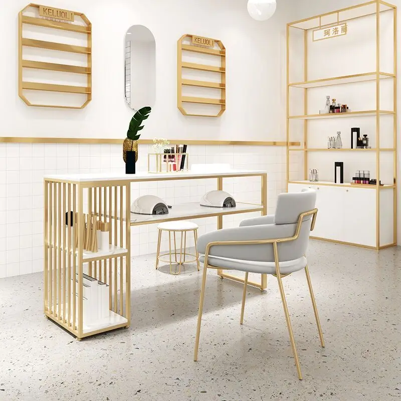 

chair set Nordic simple marble wrought iron double shopping mall table Internet celebrity single double nail art table