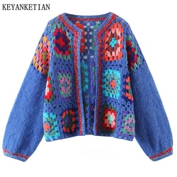 EllYANEllTIAN-Cardigan en tricot à carreaux pour dames, crochet évidé, coupe-vent ethnique tribal, ligne optique faite à la main, pull doux, automne, nouveau