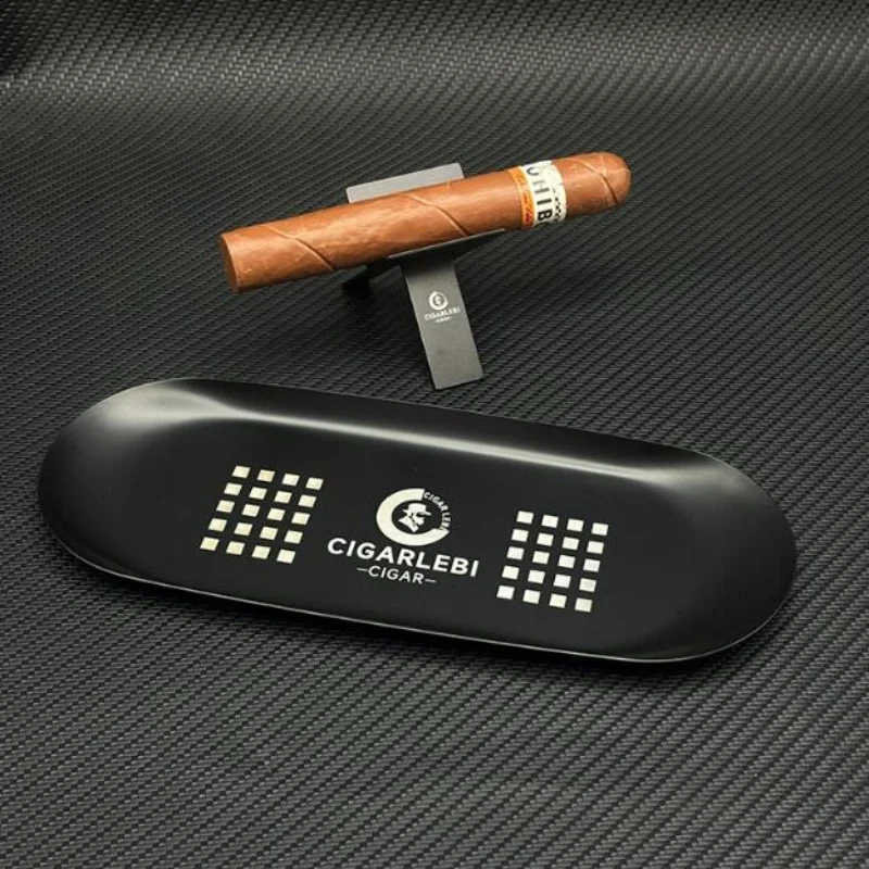 New Black Gold 2/3 Pieces Set Metal Cigar Tray Stand Scissors Kit Ashtray for Cohiba Accessories Ash Catcher Oval Shape Man Gift