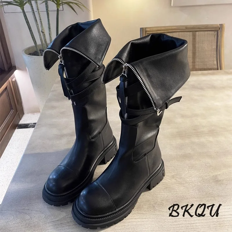 BKQU Punk Knee-high Boots Women 2024 Spring and Autumn New Trend Belt Buckle Thick Sole Motorcycle Rider High Fashion Boots