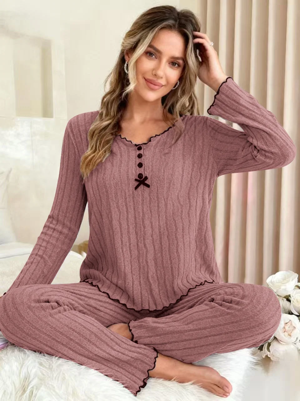 Women Pajamas Set Spring Hot-selling Abrasive Pit Strip Solid Color Crimped Simple Pajama Set Comfortable Warm Loungewear