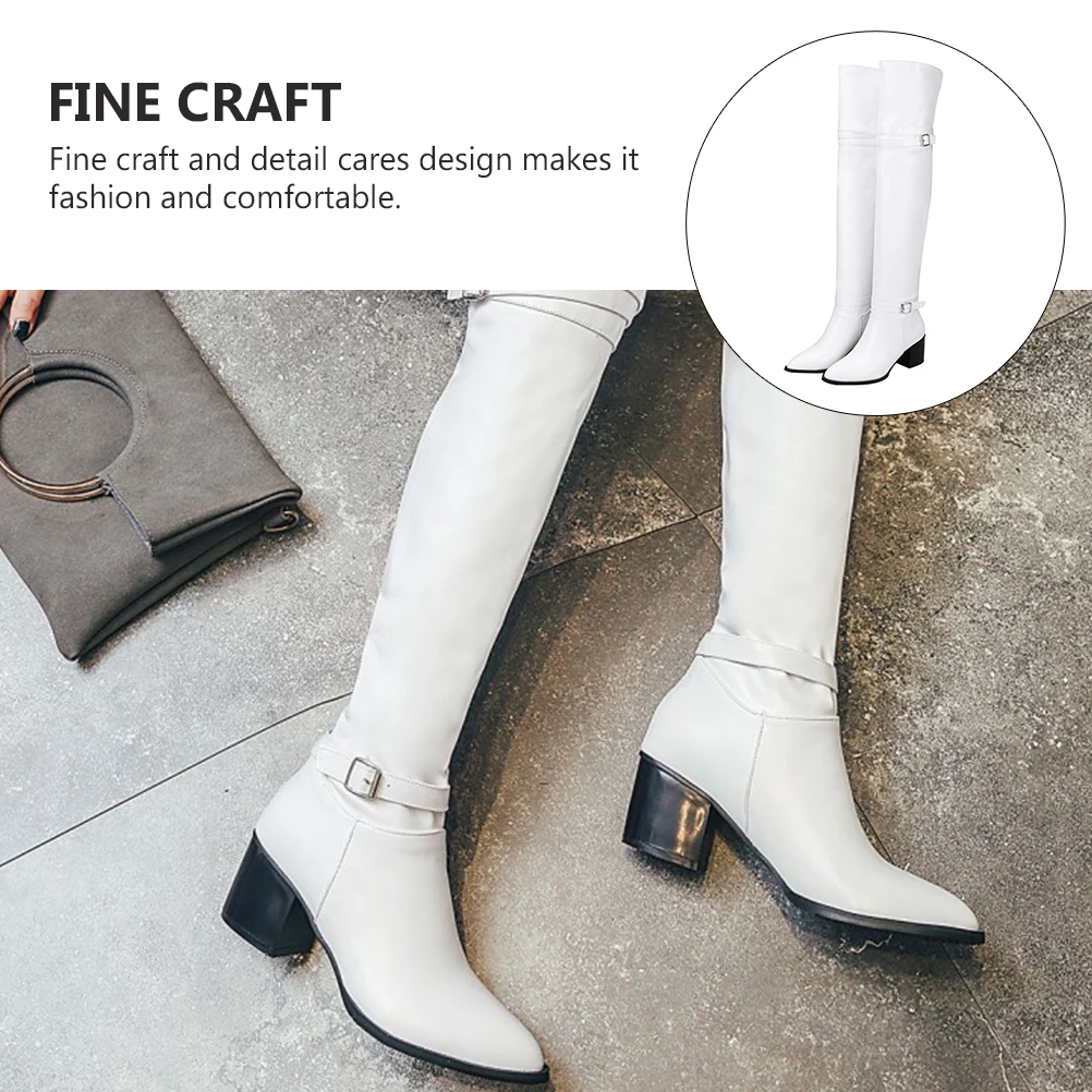 

1 пара длинных сапог выше колена для женщин, осень-зима, на высоком каблуке, на толстой подошве из искусственной кожи, теплая нескользящая резиновая подошва, до бедра