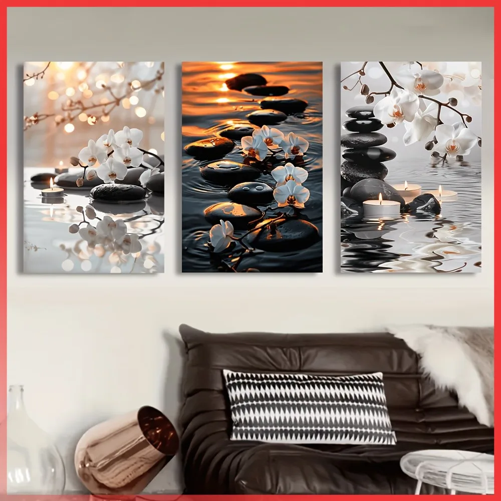 Frameless 3PCS 2D Decorative Painting - Canvas Painting - Zen Orchids Stones And Candles Spa Art - Cheap Room Decor - Kitchen