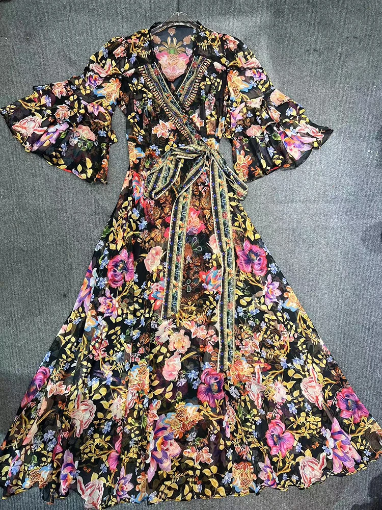 TWOTWINSTYLE Hit Color Print Dresses For Women V Neck Butterfly Sleeve High Waist Folds Patchwork Lace Up Summer Dress Female