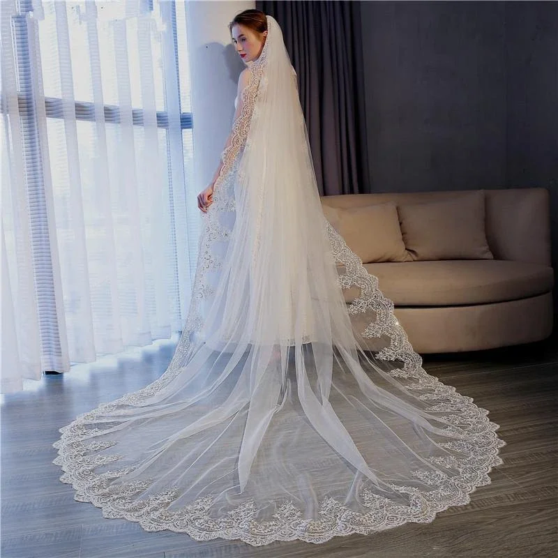 Voile de Mariage Doux et Long de 3m avec Bord en Dentelle Appliquée, une Couche, Rond, Longueur Cathédrale, avec Peigne, Tulle, pour Patients, Bon Marché