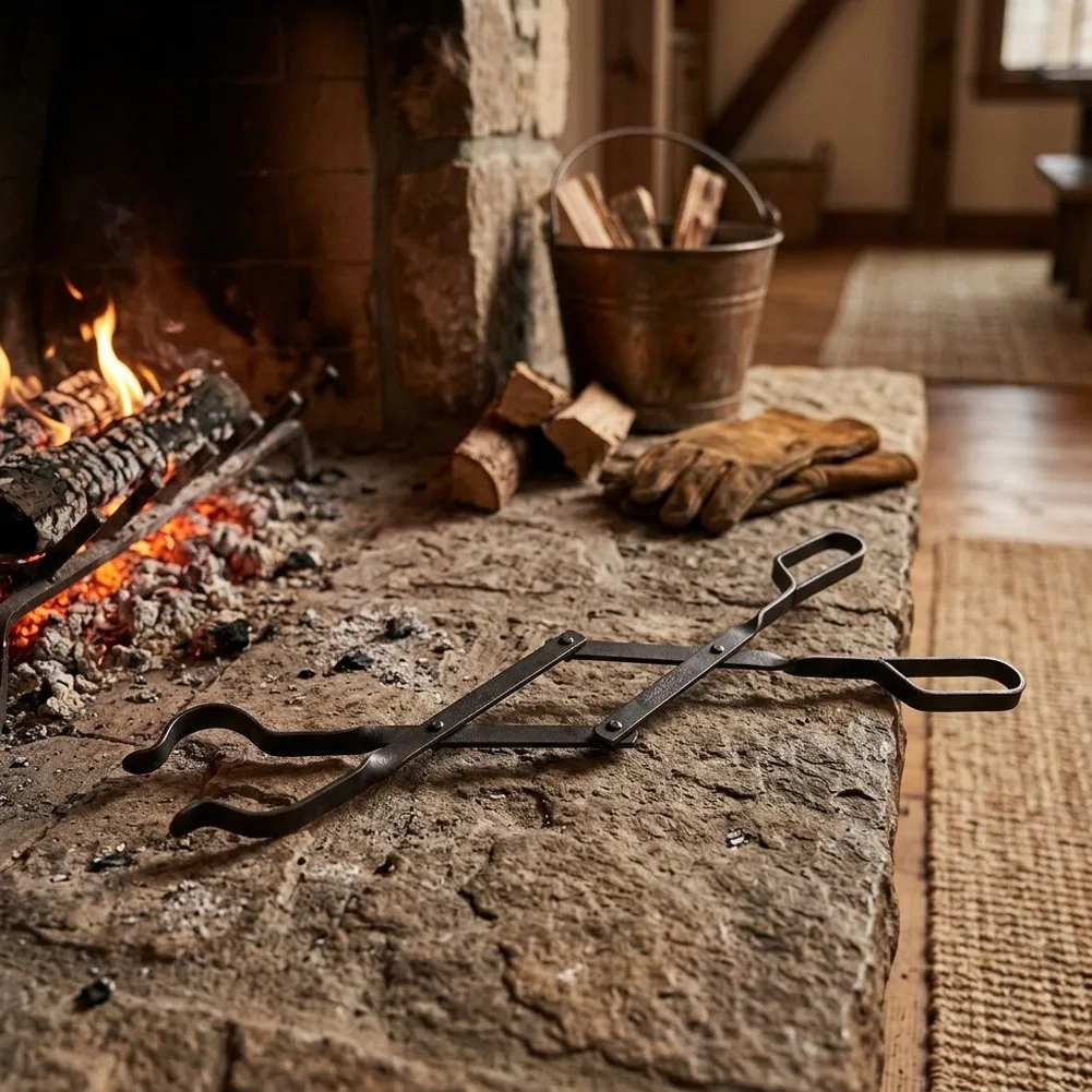 Strong Iron Fire for tongs with Precision Grip Intended for Managing Firewood in Homes Cabins Backyard Fire Pits and Campsites