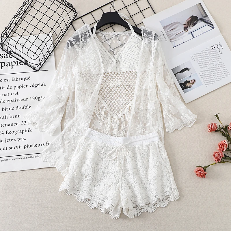 

OUMEA Summer Seaside Knitted Swimsuit Beauty Sexy Bikini Small Cute Vest Shorts Lace Long Sleeve Cardigan Coat Three Piece Set