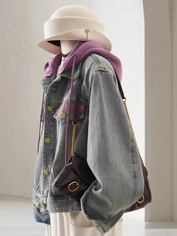 

Large Size Knitted Hoodie Denim Jaet Men Women Spring Autumn Loose Versatile Slimming Coat Casual Sle Youth Trend