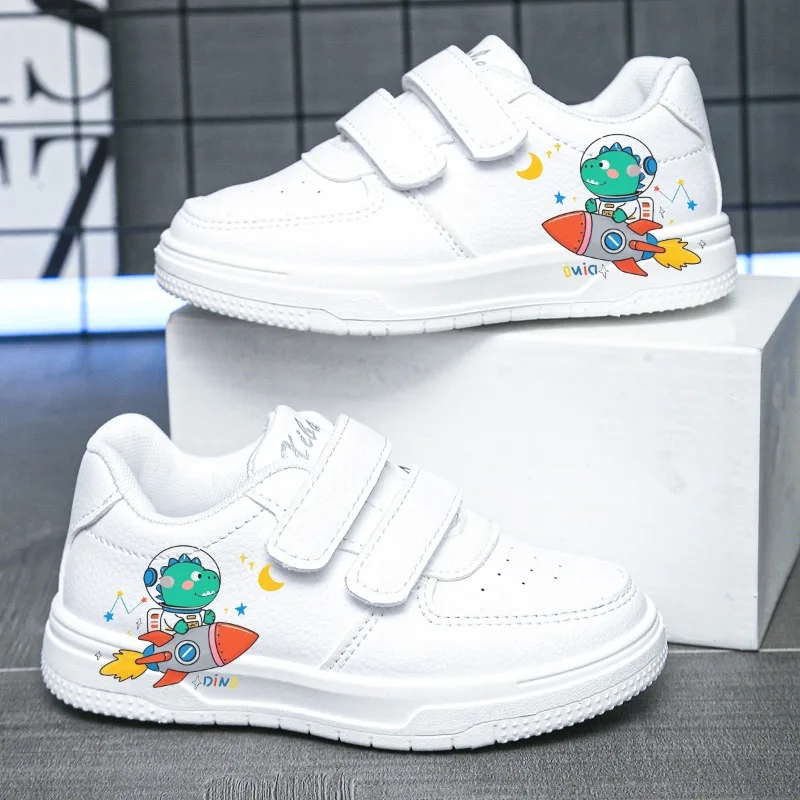 JGSHOWKITO Boys Casual Shoes with Cartoon Dinosaur with Rocket Fashion Spring Autumn Kids White Skate Sneakers Comfortable Soft