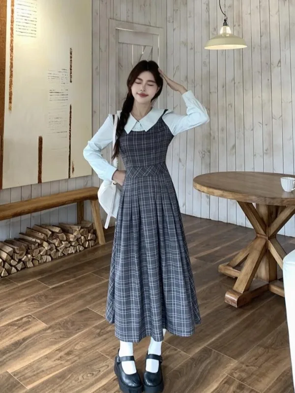 

Женское платье больших размеров в клетку с воротником «Питер Пэн», с завышенной талией, длинная юбка, осенне-зимняя новинка, модное, для офиса, с высокой талией