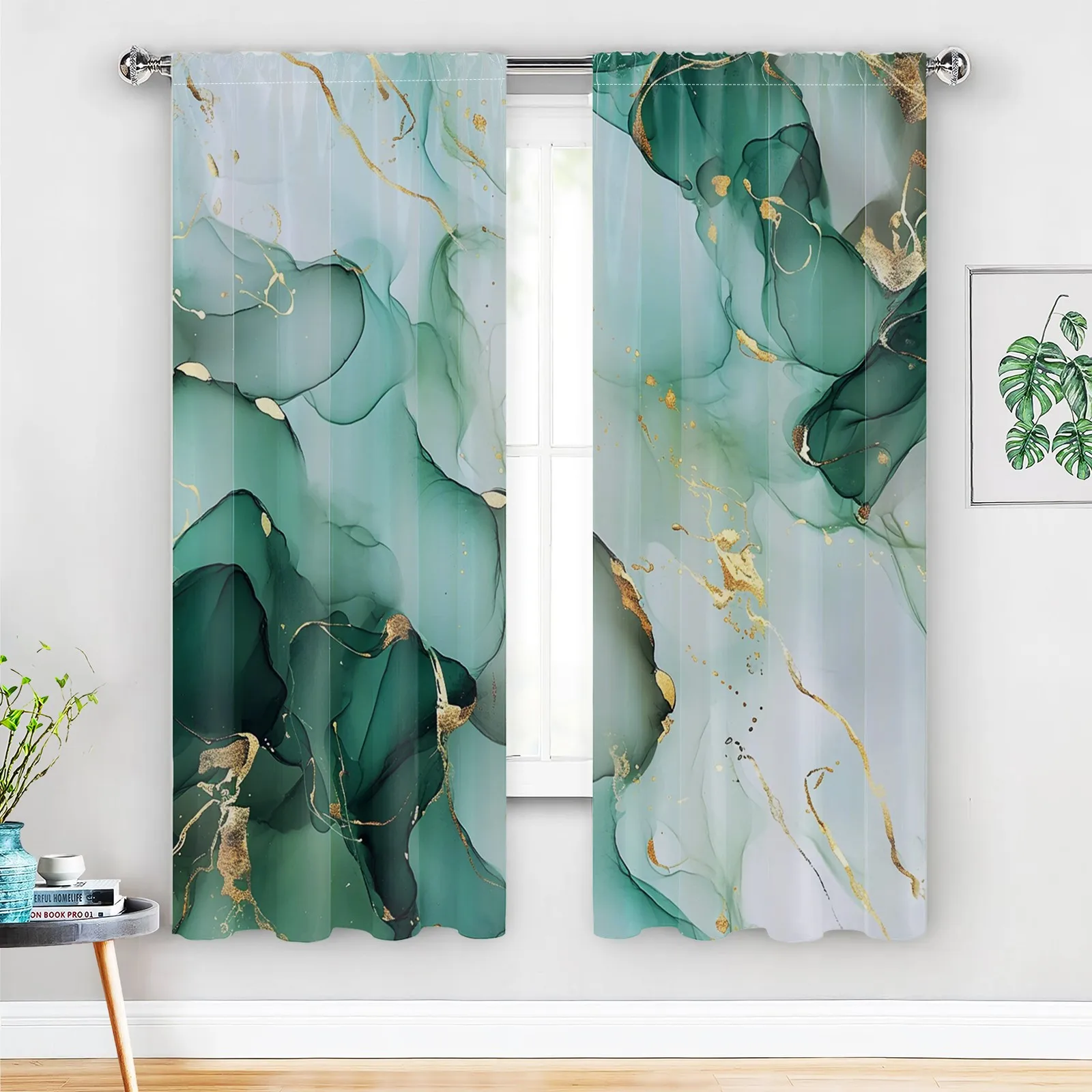 2pcs Green Marble Curtains Gold Vein Abstract Art Drape Modern Living Room Elegant Window Treatment Luxury Home Decor Panels
