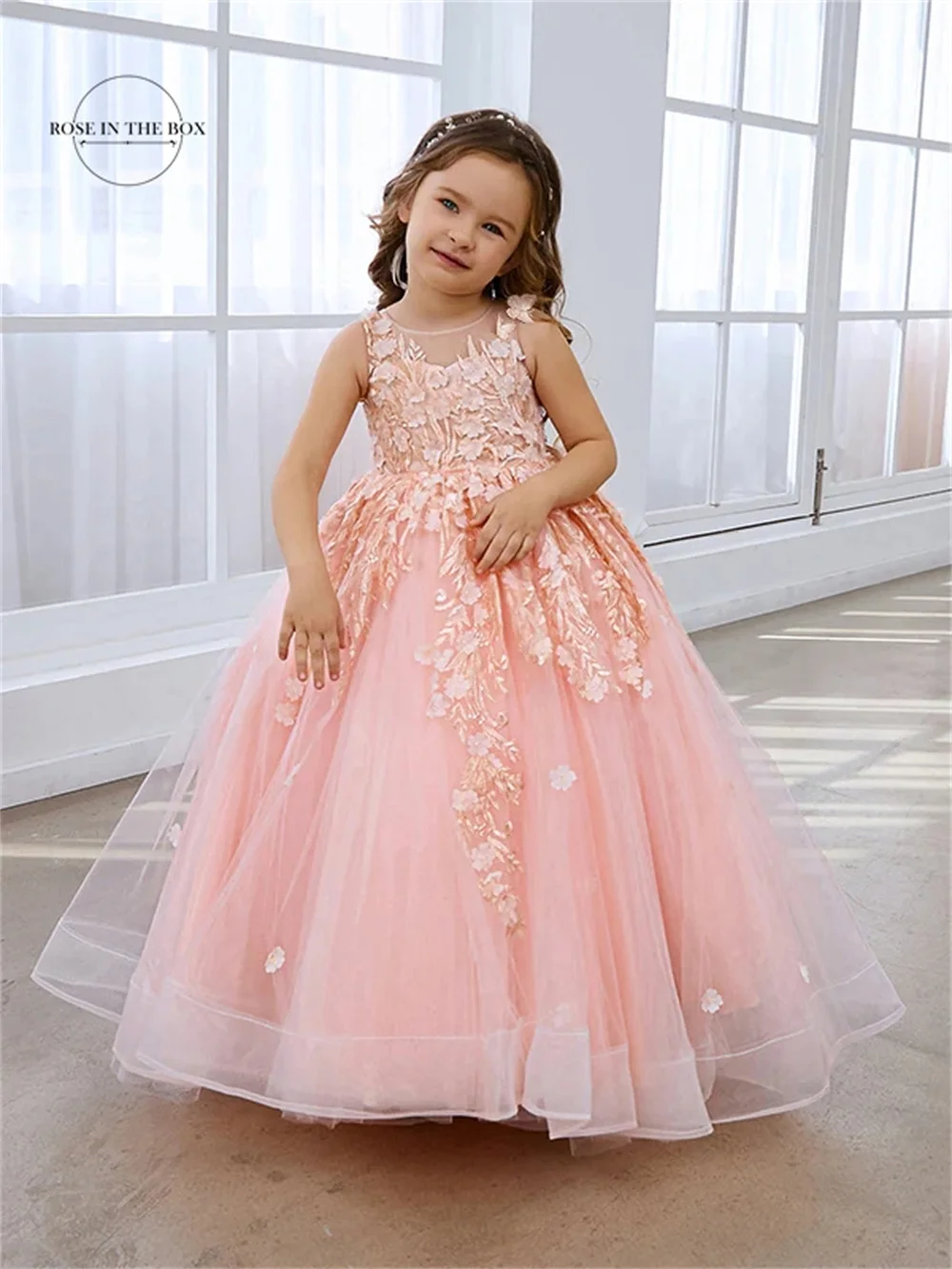 Perlrosa Prinzessin Ballkleid für Mädchen mit Spitzen applikationen Luxus lange Tüll Maxi Blumen mädchen Kleid Kinder Brautjungfer Geburtstag