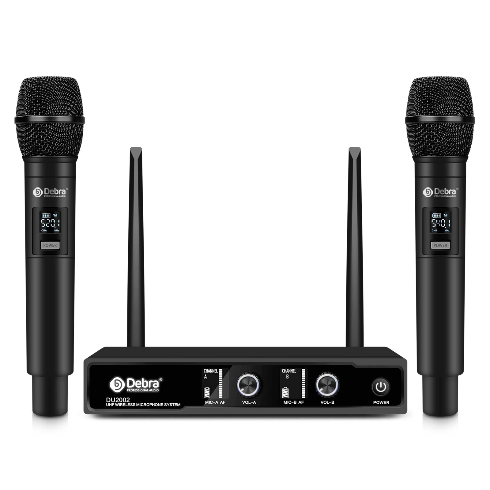 Professioneel UHF draadloos microfoonsysteem 2 kanalen met 60 m bereik, LCD-scherm, handheld/lavalier/headsetmicrofoons voor spraak, mij