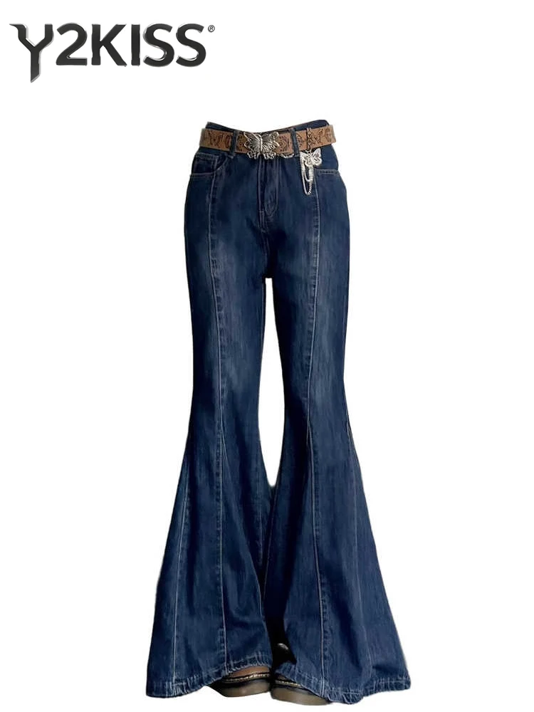 

Осень-зима 2022, женские винтажные расклешенные джинсовые брюки, дизайнерские джинсы Old Money, синие Y2k, корейская мода, японский Harajuku, расклешенный низ