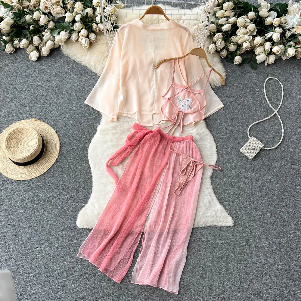 Chinese Sexy Transparent Vintage Embroidery Jacquard Halter Top Dressing Sleepwear Open Front Bindings Gauze Dress 4-Piece Set