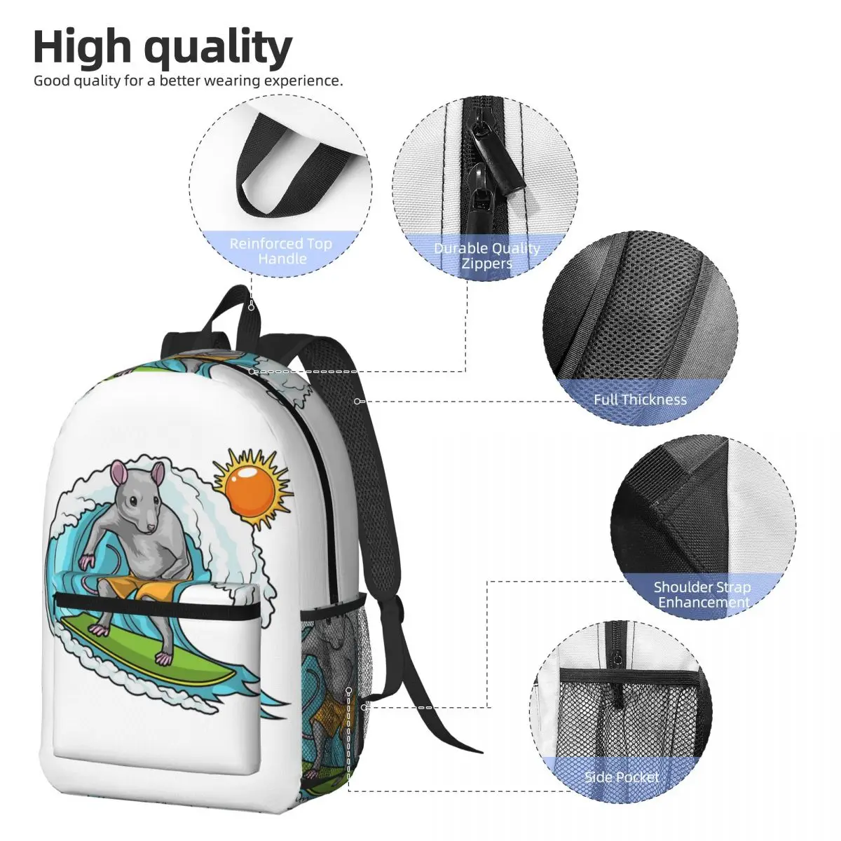 Rat Summer Surfer Backpack Student BookBag Children School Bag Laptop Shoulder Bags for Men Women