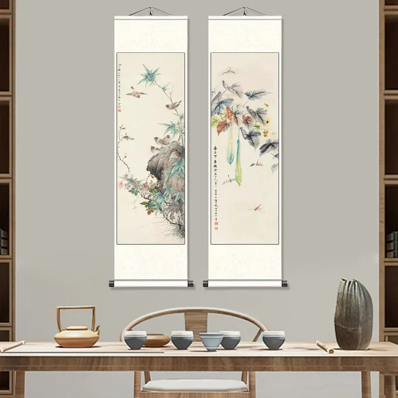 Zen Style Floral Bird Hanging Scroll - Simple Ink Painting Wall Decor for Tea Room, Study, Home