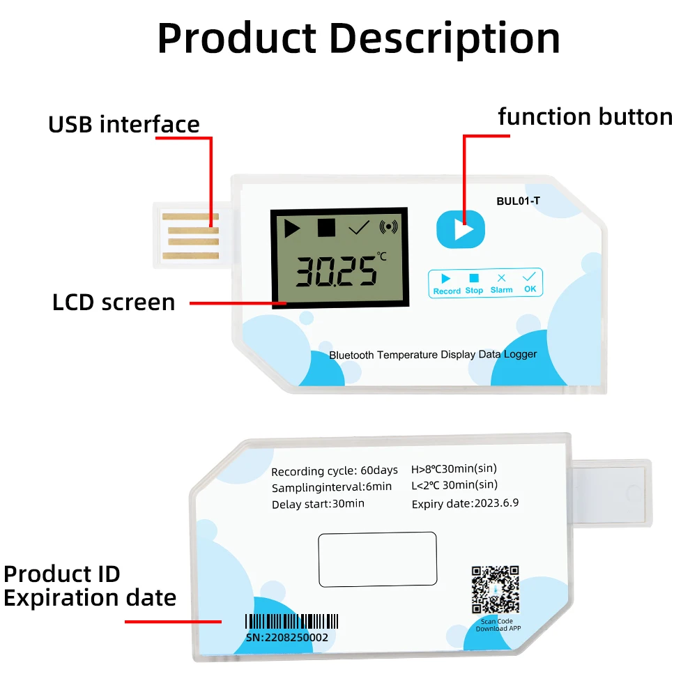 درجة الحرارة عرض مسجل بيانات USB بلوتوث متوافق مسجل درجة الحرارة لمختبر مستودع سلسلة التبريد النقل