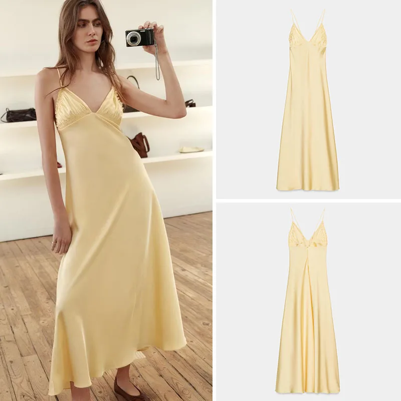 

Spring New Arrival Women's Sexy Silk Satin Texture Pleated Midi Dr Ele Faionable Gown for 25-35 Years Old Ladies