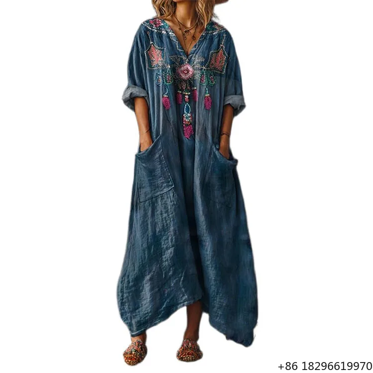 bohemian-floral-loose-pocket-roll-up-linen-embroidered-plus-size-resort-maxi-dress