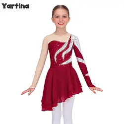 Kids Girls Shiny Sequins Artistic Figure Skating Dance Costume Long Sleeve Rhythmic Gymnastics Ballet Jersey Lyrical Dance Dress