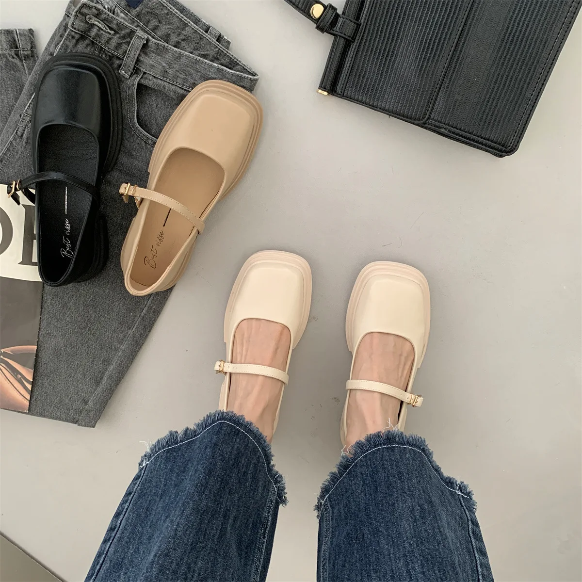 Women Thick Heels Elegant Shallow Footwear Fashion Lady Shoes Mary Jane Shoes Women Square Toe British Style Small Leather Shoes