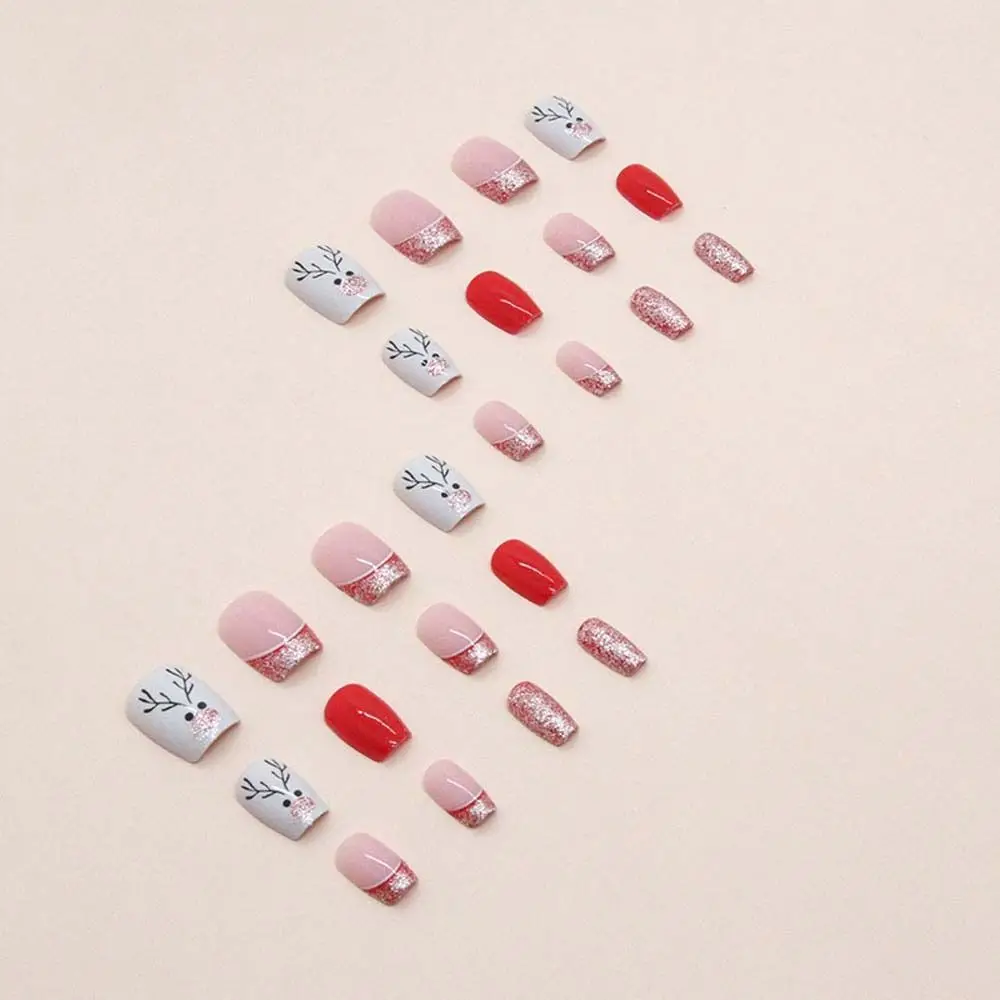 24 قطعة/المجموعة مانيكير المواد عيد الميلاد قصيرة الأظافر كاذبة DIY مسمار الملحقات مستلزمات الأظافر عيد الميلاد قصيرة الأظافر وهمية اللون الأحمر