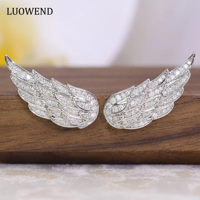 

LUOWEND 18K White Gold Earrings Elegant Angel Wings Shape Real Natural Diamonds 0.70carat Stud Earrings for Women Wedding Fine