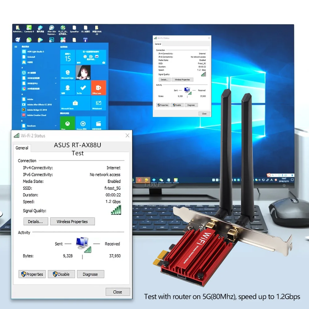 Wifi 6 pcie ax1800 cartão sem fio banda dupla 5ghz/2.4ghz bluetooth 5.2 antenas externas adaptador mt7921 para desktop pc win 10/11