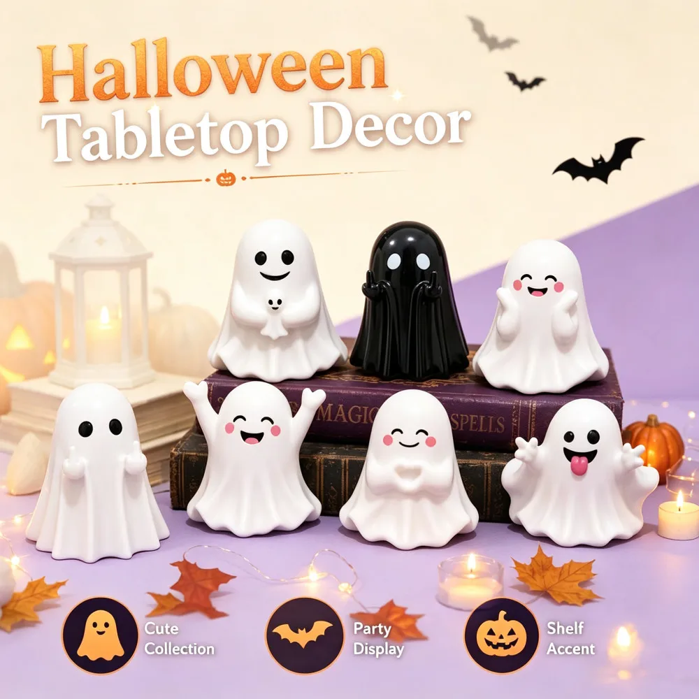 Niedliche Halloween-Geisterfiguren, Lustige Gesichts-Miniaturstatue für den Schreibtisch, Dekoration für Zuhause, Regal, Auto, Tisch, Geschenk für Feiertagspartys – Detail 1